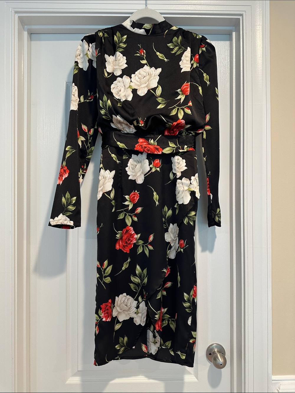 Boohoo Black Long-Sleeve Floral Wrap Dress with Red & White Roses